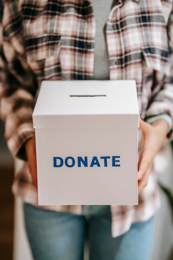 Crop unrecognizable person in checkered shirt demonstrating fundraising box with inscription Donate in light room